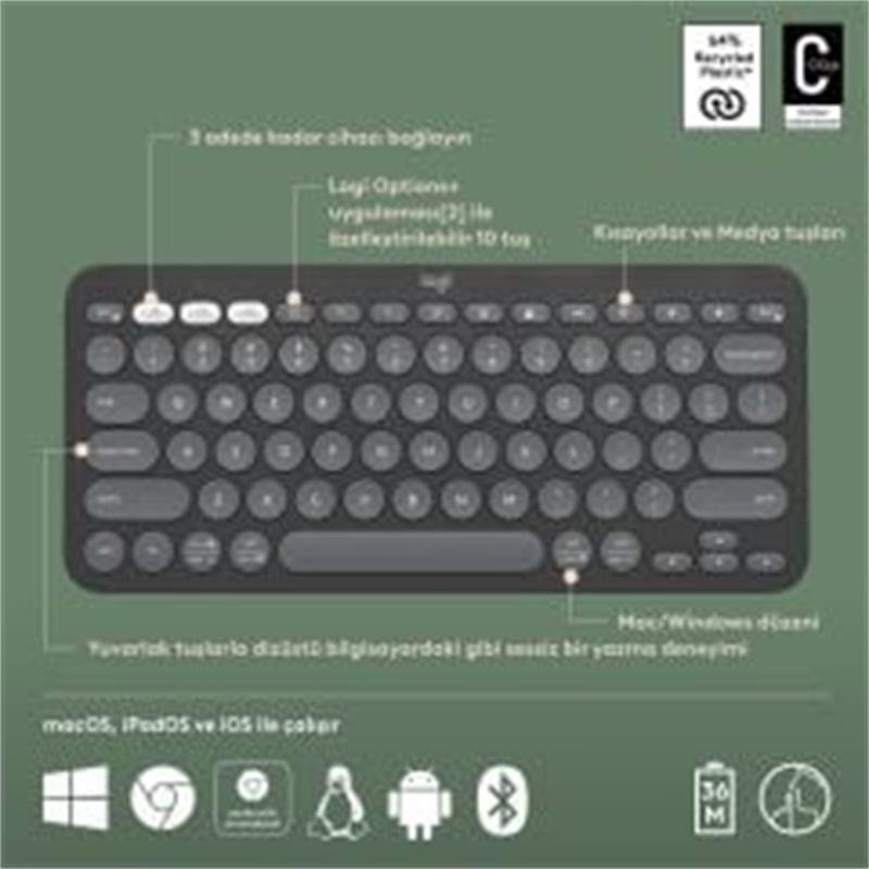 LOGITECH K380S PEBBLE KEYS 2 ÇOKLU CİHAZ ÖZELLİKLİ BLUETOOTH TÜRKÇE Q KLAVYE GRİ 920-011859 - Görsel 2