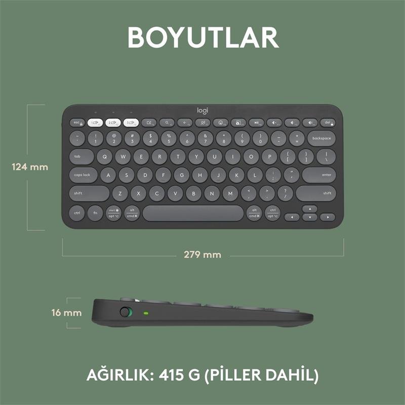 LOGITECH K380S PEBBLE KEYS 2 ÇOKLU CİHAZ ÖZELLİKLİ BLUETOOTH TÜRKÇE Q KLAVYE GRİ 920-011859 - Görsel 3